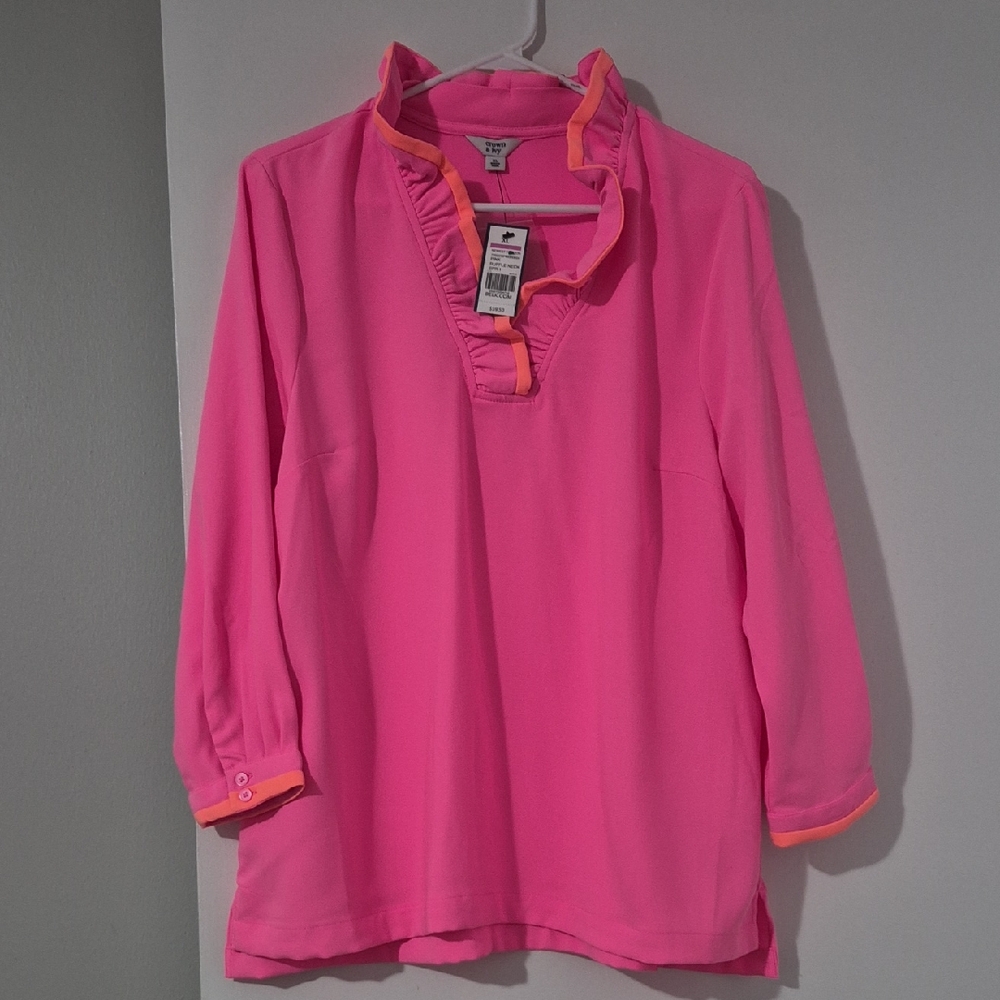 crown & ivy Hot Pink Ruffle Neck Tunic with Coral Trim